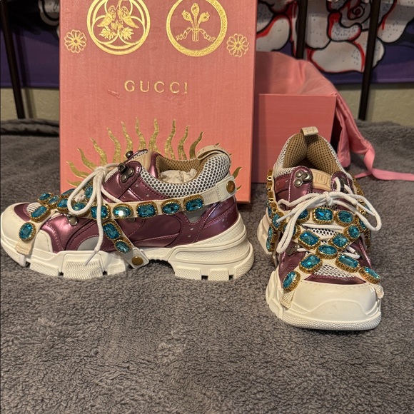 Gucci Pink and Cream Sneakers with Blue Embellishments